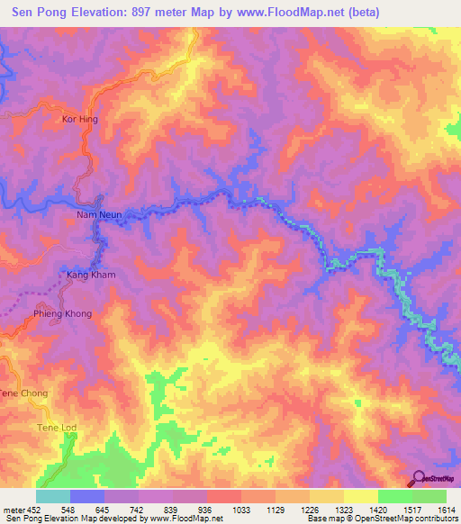 Sen Pong,Laos Elevation Map