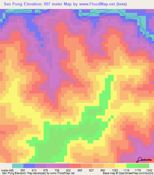 Sen Pong,Laos Elevation Map