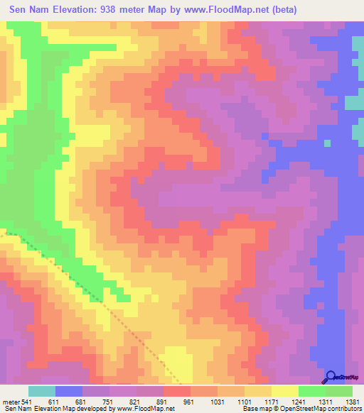 Sen Nam,Laos Elevation Map