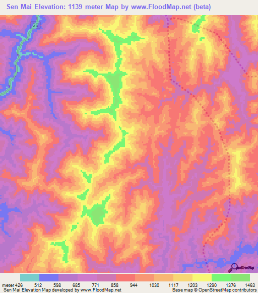 Sen Mai,Laos Elevation Map