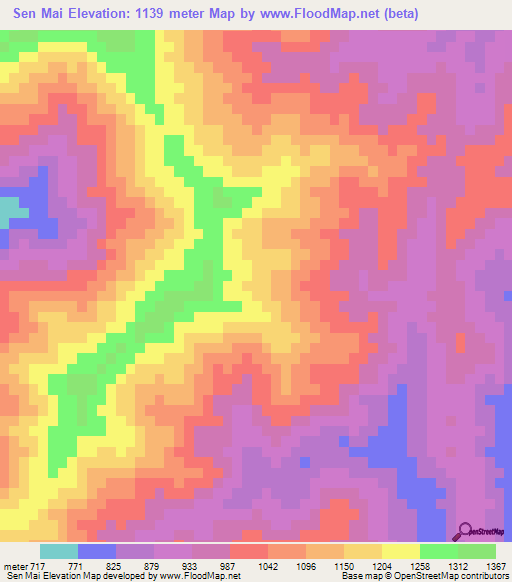 Sen Mai,Laos Elevation Map