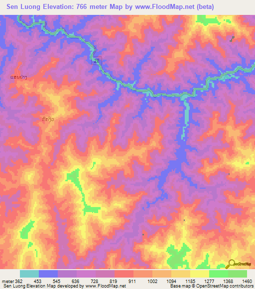 Sen Luong,Laos Elevation Map