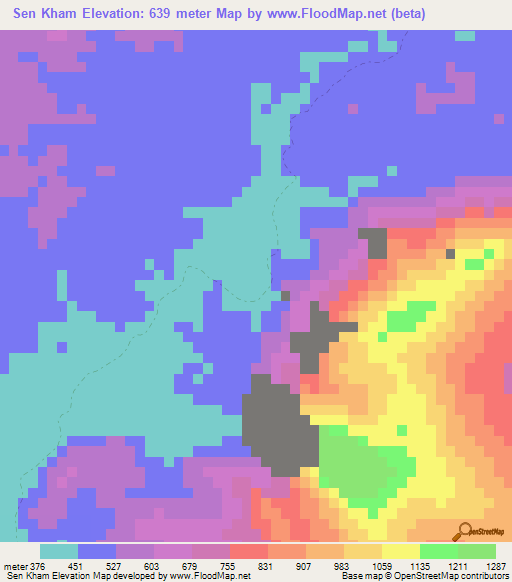 Sen Kham,Laos Elevation Map