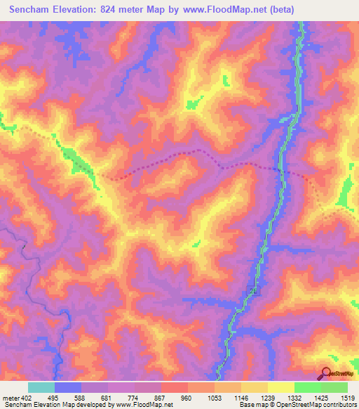 Sencham,Laos Elevation Map