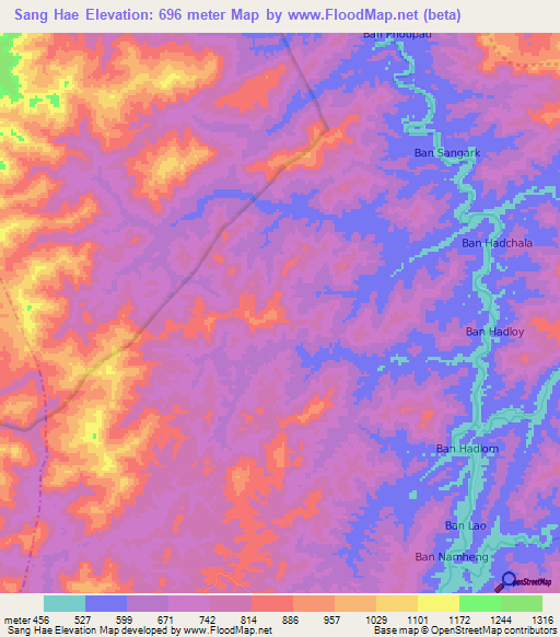 Sang Hae,Laos Elevation Map