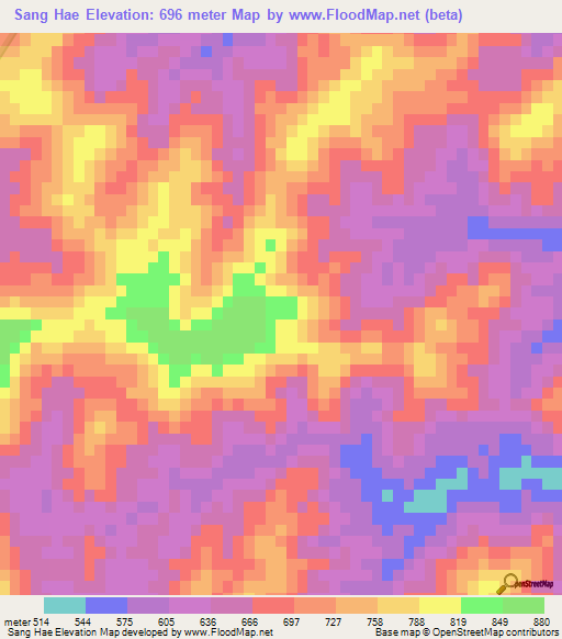 Sang Hae,Laos Elevation Map