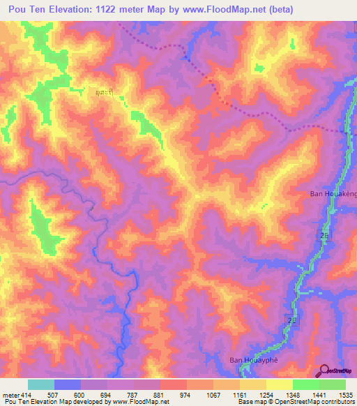 Pou Ten,Laos Elevation Map