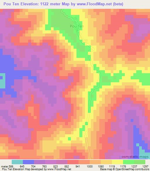 Pou Ten,Laos Elevation Map