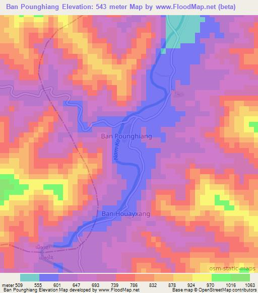 Ban Pounghiang,Laos Elevation Map