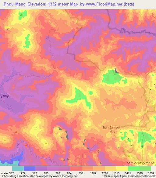 Phou Mang,Laos Elevation Map