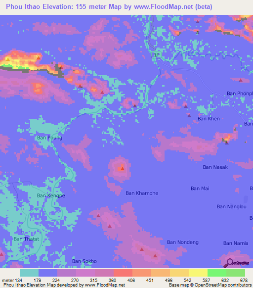 Phou Ithao,Laos Elevation Map