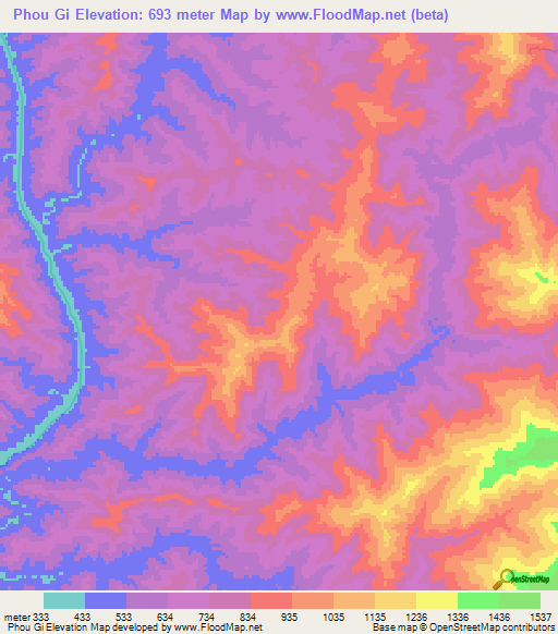 Phou Gi,Laos Elevation Map