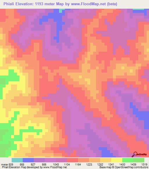 Phiali,Laos Elevation Map