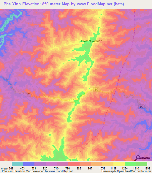 Phe Yinh,Laos Elevation Map