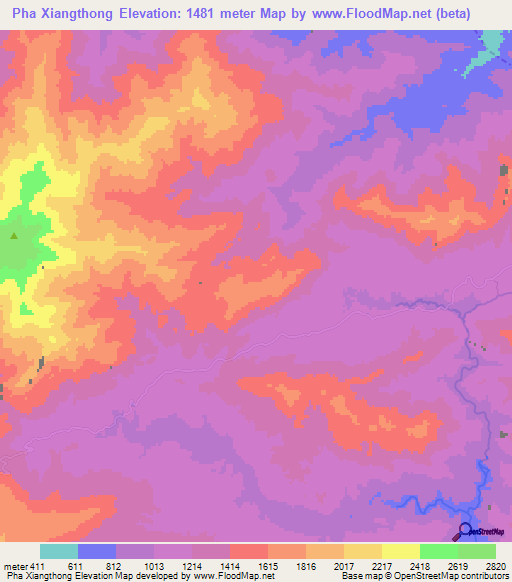 Pha Xiangthong,Laos Elevation Map