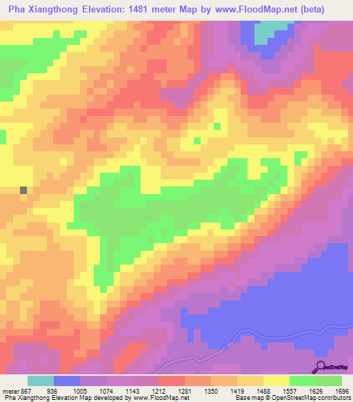 Pha Xiangthong,Laos Elevation Map