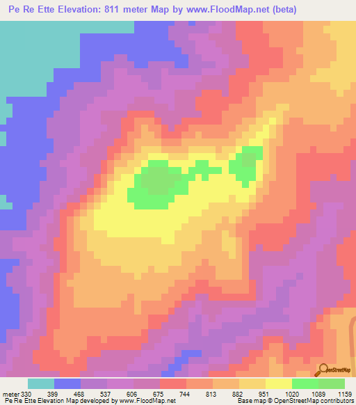 Pe Re Ette,Laos Elevation Map