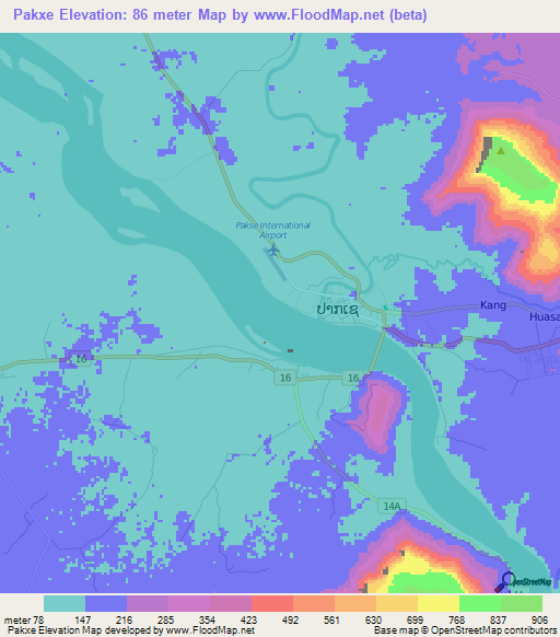 Pakxe,Laos Elevation Map