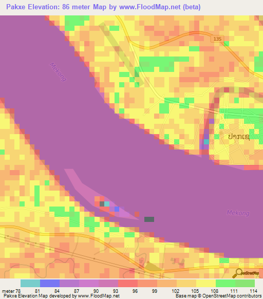 Pakxe,Laos Elevation Map