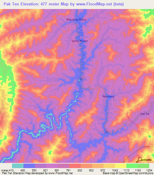 Pak Ten,Laos Elevation Map