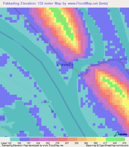 Pakkading,Laos Elevation Map