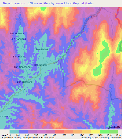 Nape,Laos Elevation Map