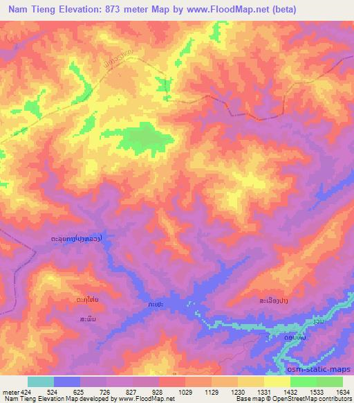 Nam Tieng,Laos Elevation Map