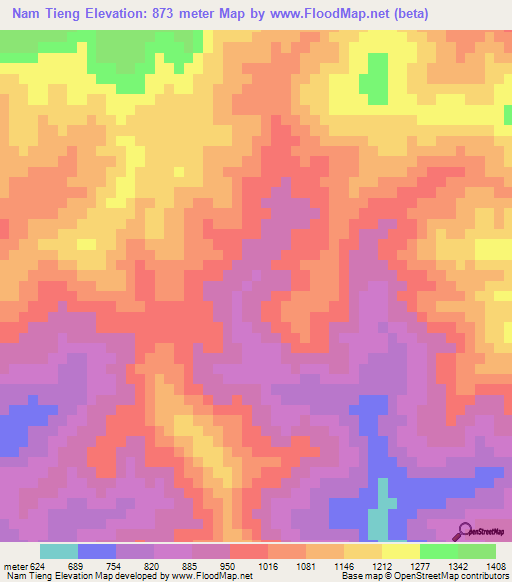 Nam Tieng,Laos Elevation Map