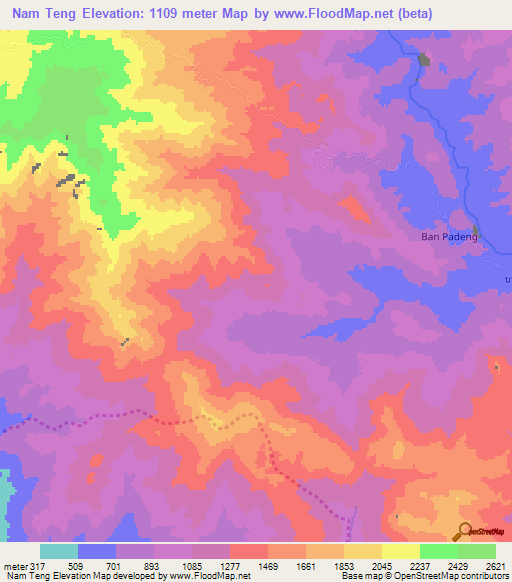 Nam Teng,Laos Elevation Map