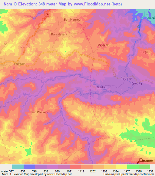 Nam O,Laos Elevation Map