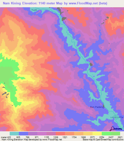 Nam Kining,Laos Elevation Map