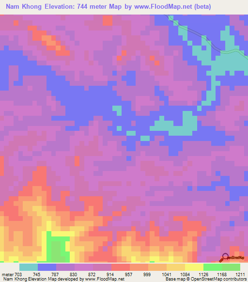 Nam Khong,Laos Elevation Map