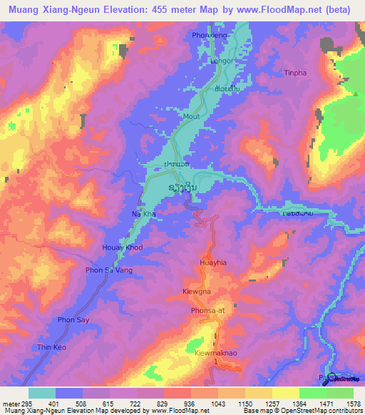 Muang Xiang-Ngeun,Laos Elevation Map