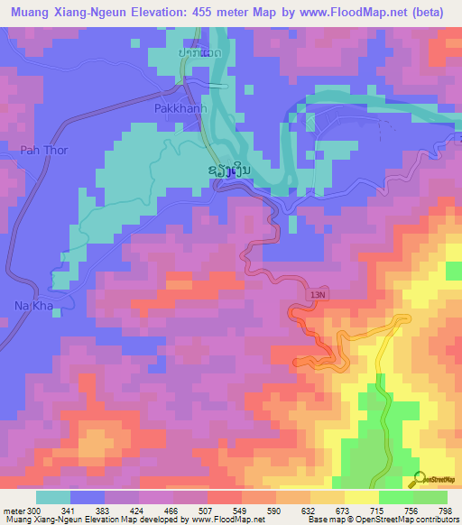 Muang Xiang-Ngeun,Laos Elevation Map