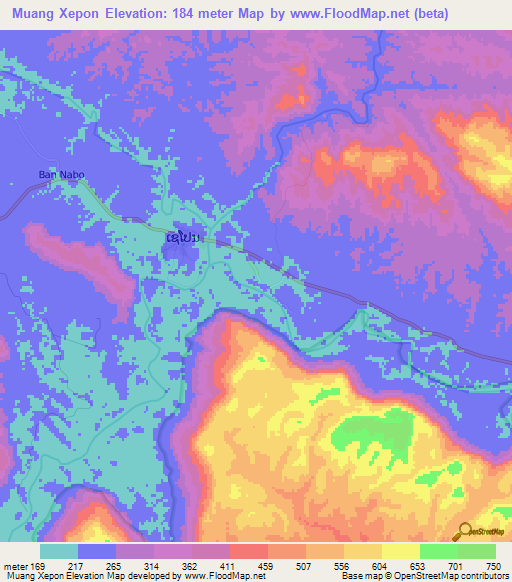 Muang Xepon,Laos Elevation Map