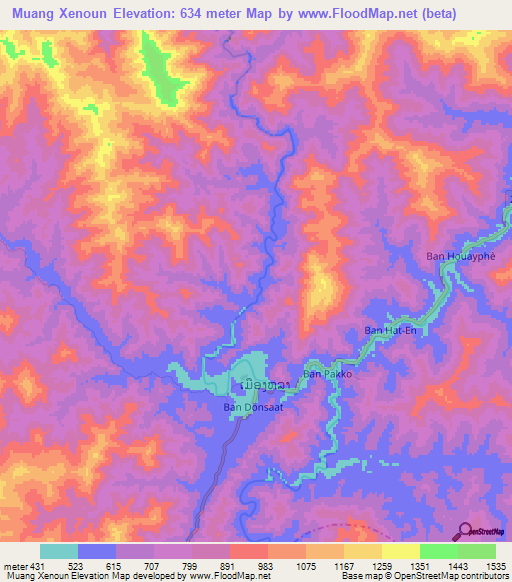 Muang Xenoun,Laos Elevation Map