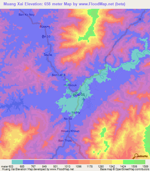 Muang Xai,Laos Elevation Map