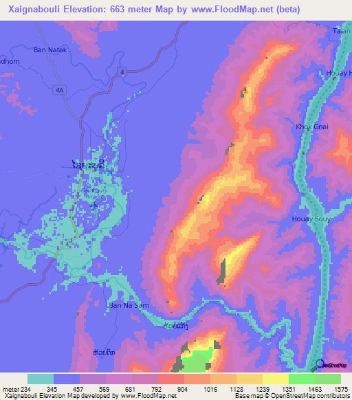 Xaignabouli,Laos Elevation Map