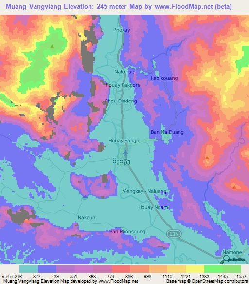 Muang Vangviang,Laos Elevation Map