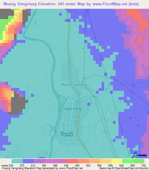 Muang Vangviang,Laos Elevation Map