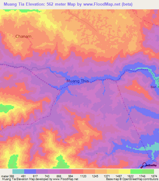 Muang Tia,Laos Elevation Map