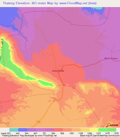 Thateng,Laos Elevation Map