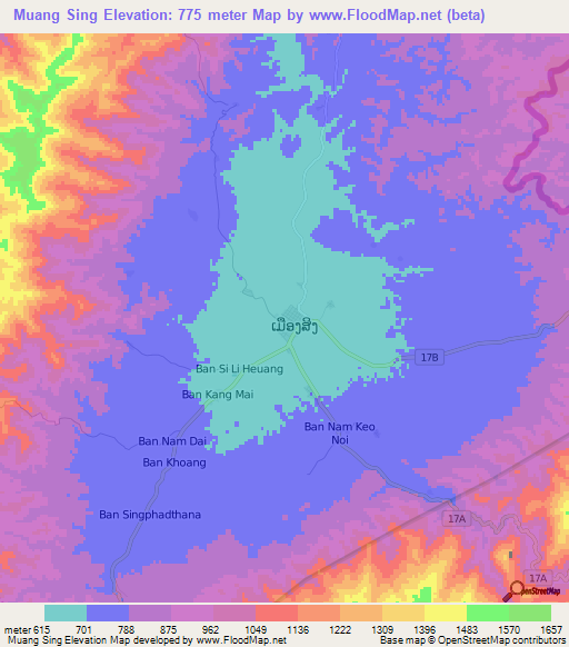 Muang Sing,Laos Elevation Map