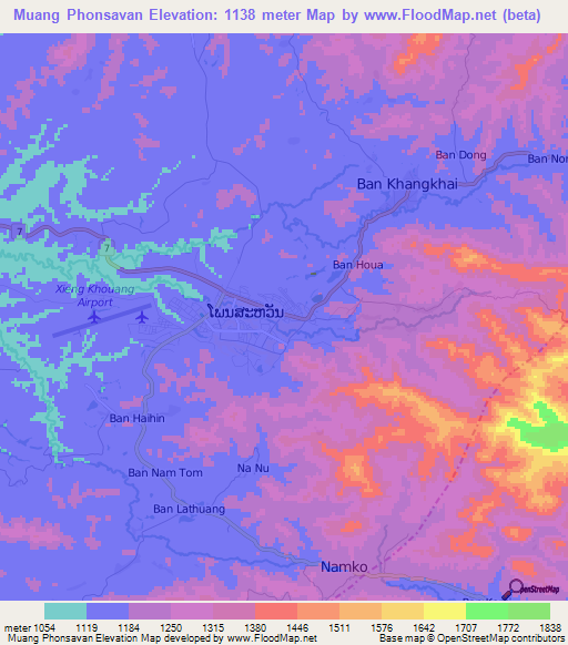 Muang Phonsavan,Laos Elevation Map