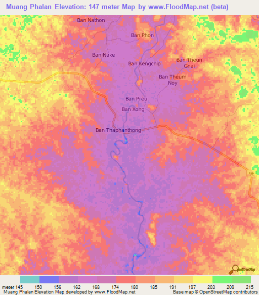 Muang Phalan,Laos Elevation Map