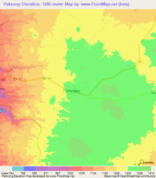 Pakxong,Laos Elevation Map