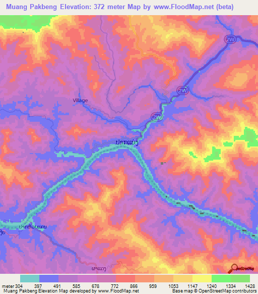 Muang Pakbeng,Laos Elevation Map