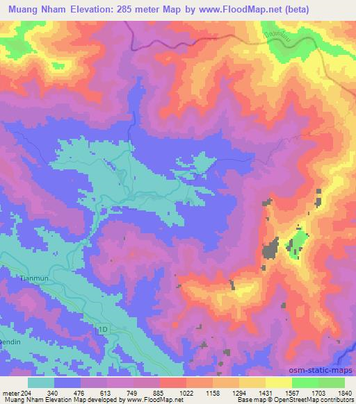 Muang Nham,Laos Elevation Map