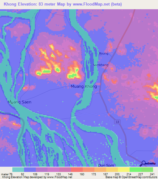 Khong,Laos Elevation Map