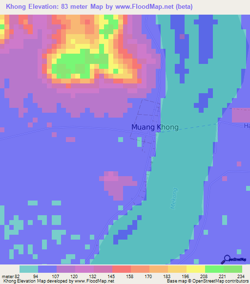 Khong,Laos Elevation Map